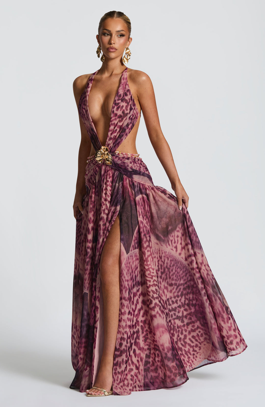 Indianna Vestido Comprido — Estampado Orquídea Magenta