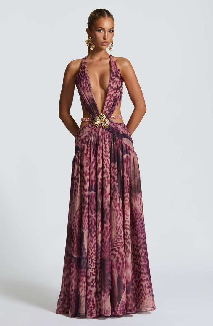 Indianna Vestido Comprido — Estampado Orquídea Magenta