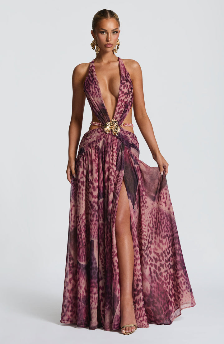 Indianna Vestido Comprido — Estampado Orquídea Magenta
