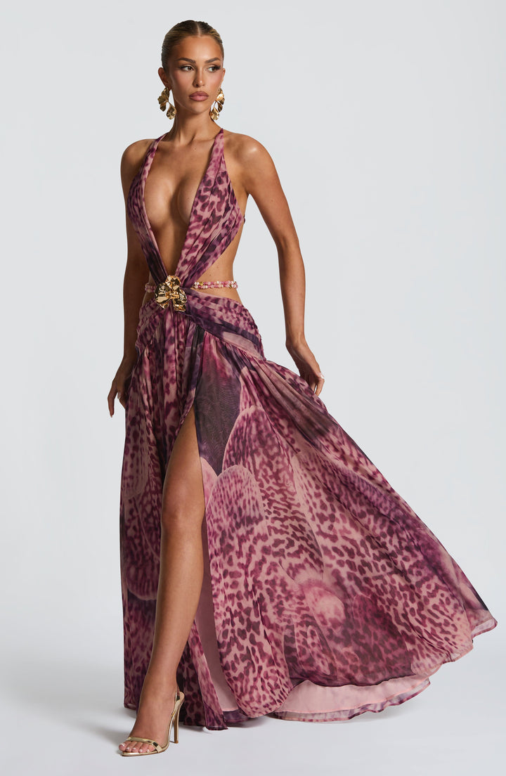 Indianna Vestido Comprido — Estampado Orquídea Magenta