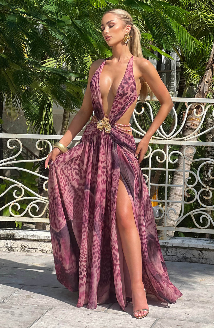 Indianna Vestido Comprido — Estampado Orquídea Magenta