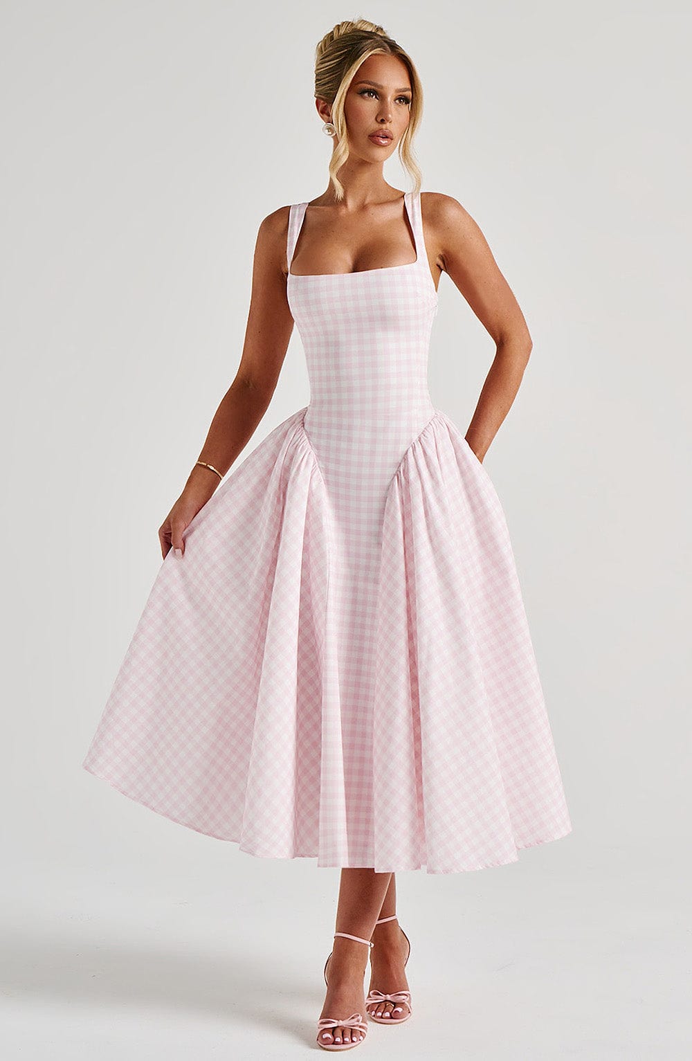 Sherrie Vestido Midi — Xadrez Rosa Blush