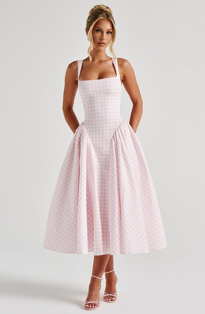 Sherrie Vestido Midi — Xadrez Rosa Blush