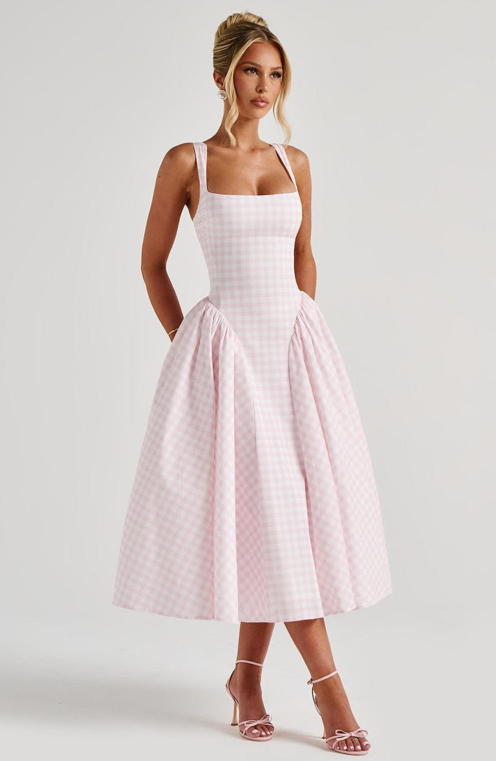 Sherrie Vestido Midi — Xadrez Rosa Blush