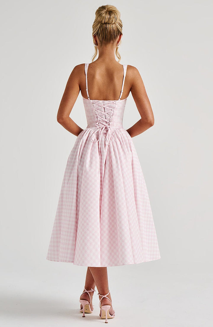 Sherrie Vestido Midi — Xadrez Rosa Blush