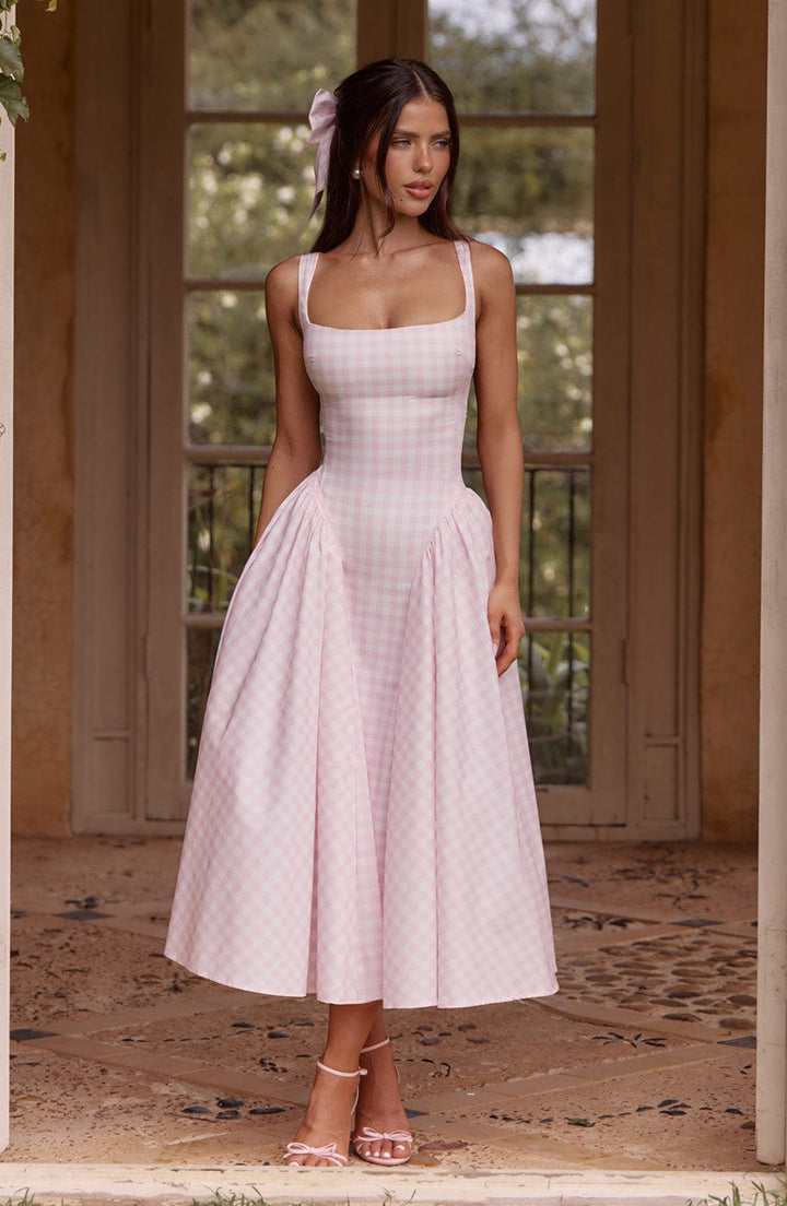 Sherrie Vestido Midi — Xadrez Rosa Blush