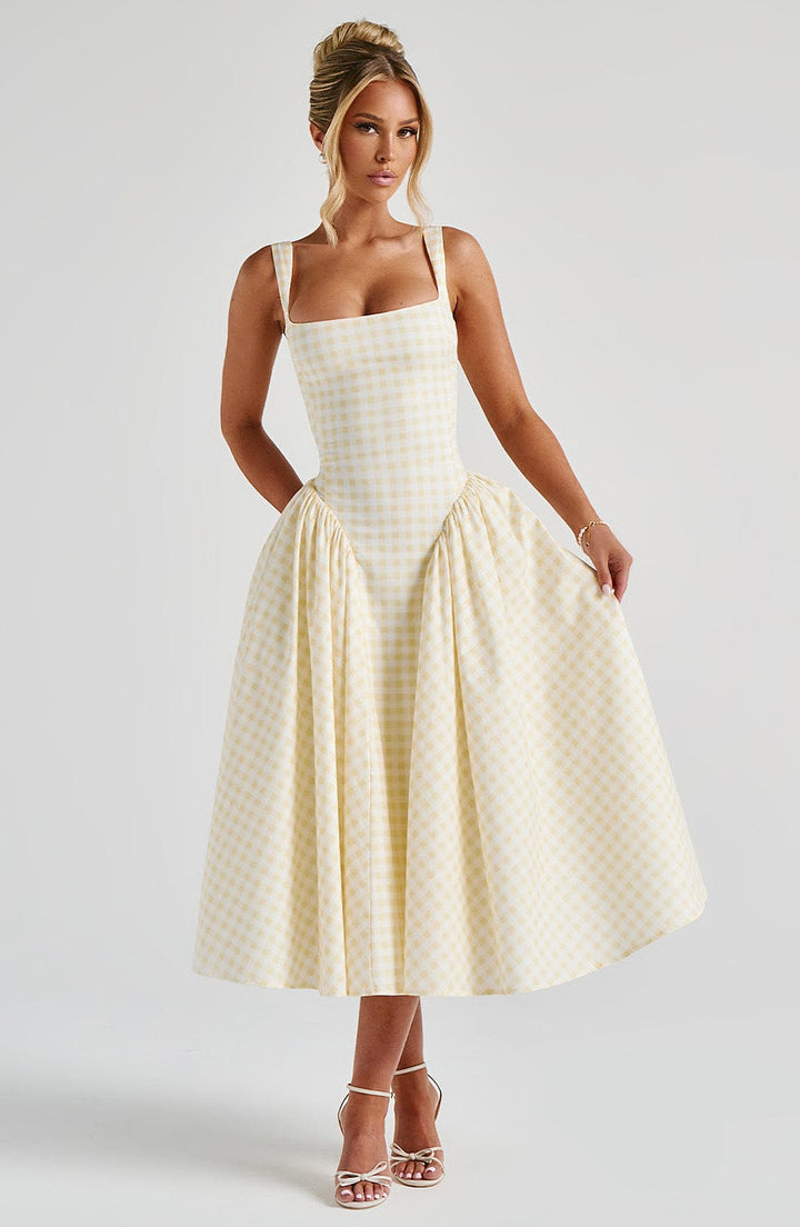 Sherrie Vestido Midi — Xadrez Amarelo Limão