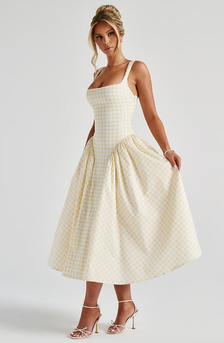 Sherrie Vestido Midi — Xadrez Amarelo Limão