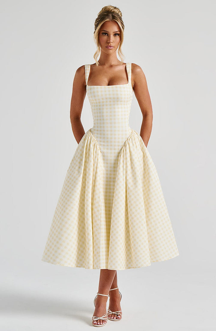 Sherrie Vestido Midi — Xadrez Amarelo Limão
